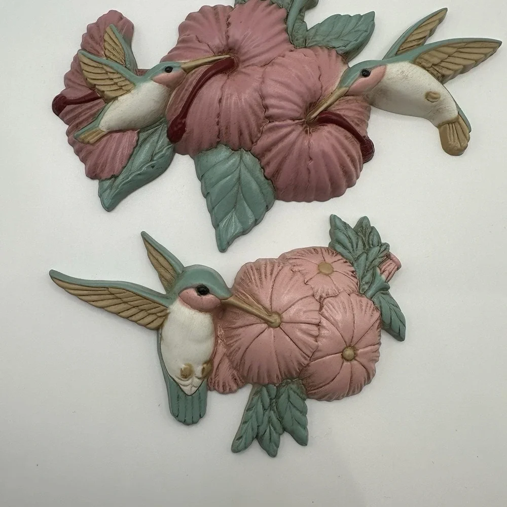 VTG 3 Piece Burwood Products Wall Decor Hummingbirds Flower‎ Wall Art 3303 Pink